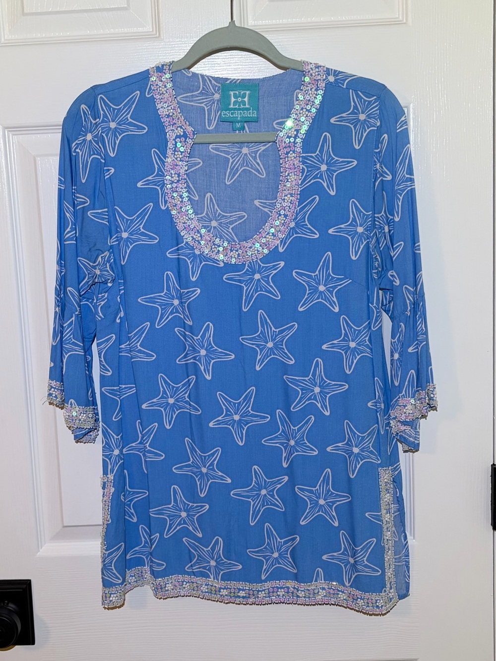 escapada Blue Starfish Tunic Top with Sequin-l & Beaded Trim Soft Blue. Sz Med
